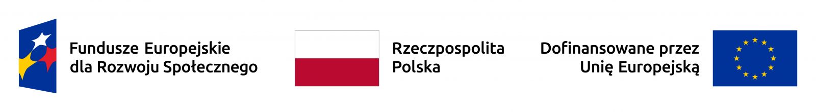 Zestawienie znaków: Fundusze Europejskie dla Rozwoju Społecznego, Barwy Rzeczpospolitej Polskiej, Unia Europejska.
