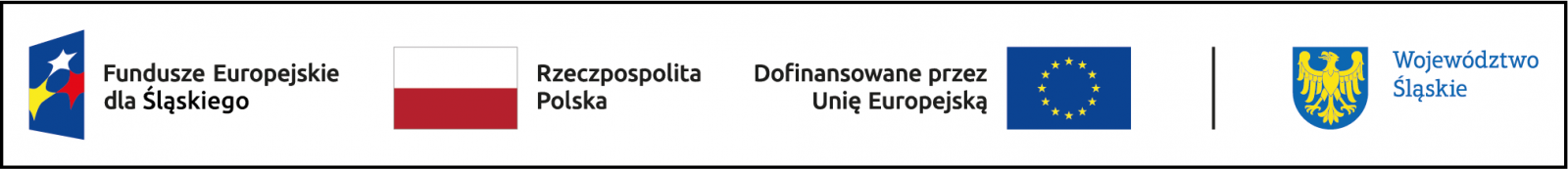 Źródło dofinansowania Zestawienie znaków: Fundusze Europejskie dla Śląskiego, Barwy Rzeczpospolitej Polskiej, Unia Europejska, Województwo Śląskie