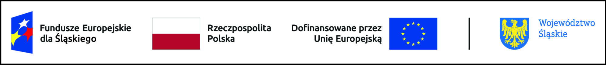 Zestawienie znaków: Fundusze Europejskie dla Śląskiego, Barwy Rzeczpospolitej Polskiej, Unia Europejska, Województwo Śląskie