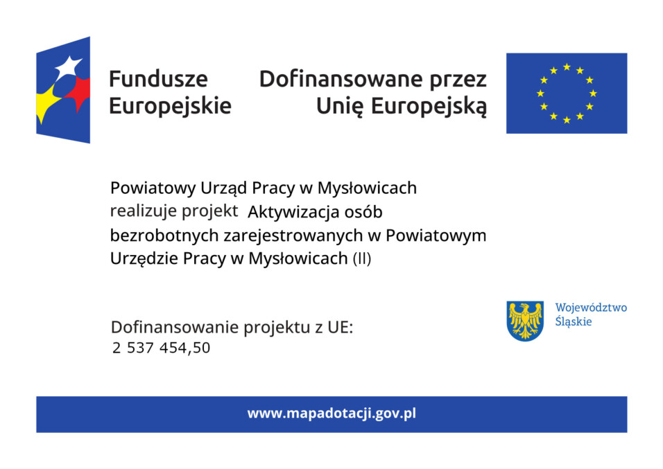 Fundusze Europejskie. Powiatowy Urząd Pracy w&nbsp;Mysłowicach: projekt Aktywizacja osób bezrobotnych (II). Dofinansowanie z&nbsp;UE: 2 537 454,50. www.mapadotacji.gov.pl