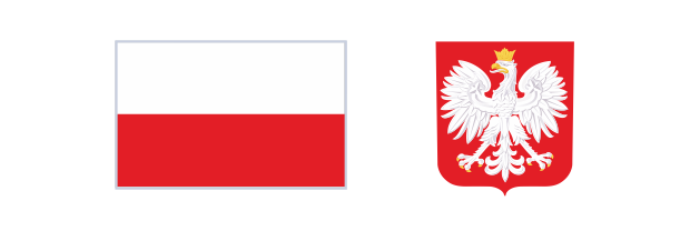 Flaga Polski oraz godło: biały orzeł w&nbsp;koronie z&nbsp;głową zwróconą w&nbsp;lewo i&nbsp;rozpostartymi skrzydłami